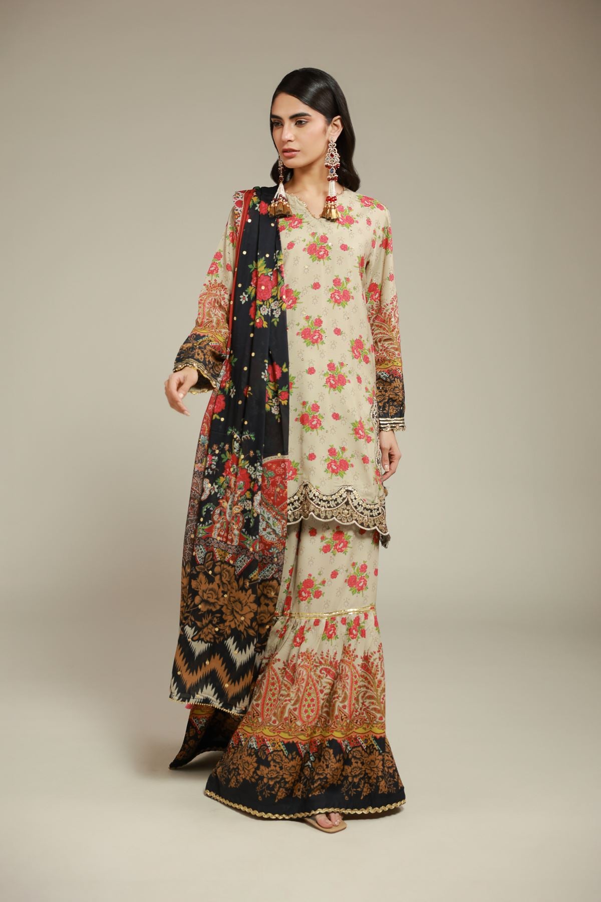 Embroidered Raw Silk 3 Piece Co-ord Set - 25-10-12E11-02TA-VG