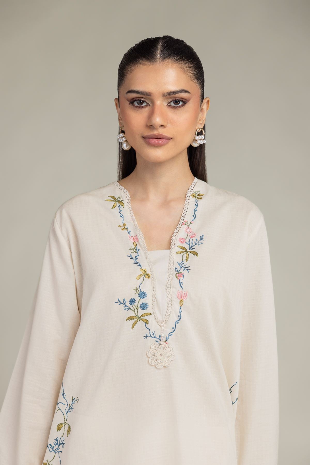 Embroidered Cotton Dobby Cotton V-Neck Kurta - 1-26-203-A-C1-VG