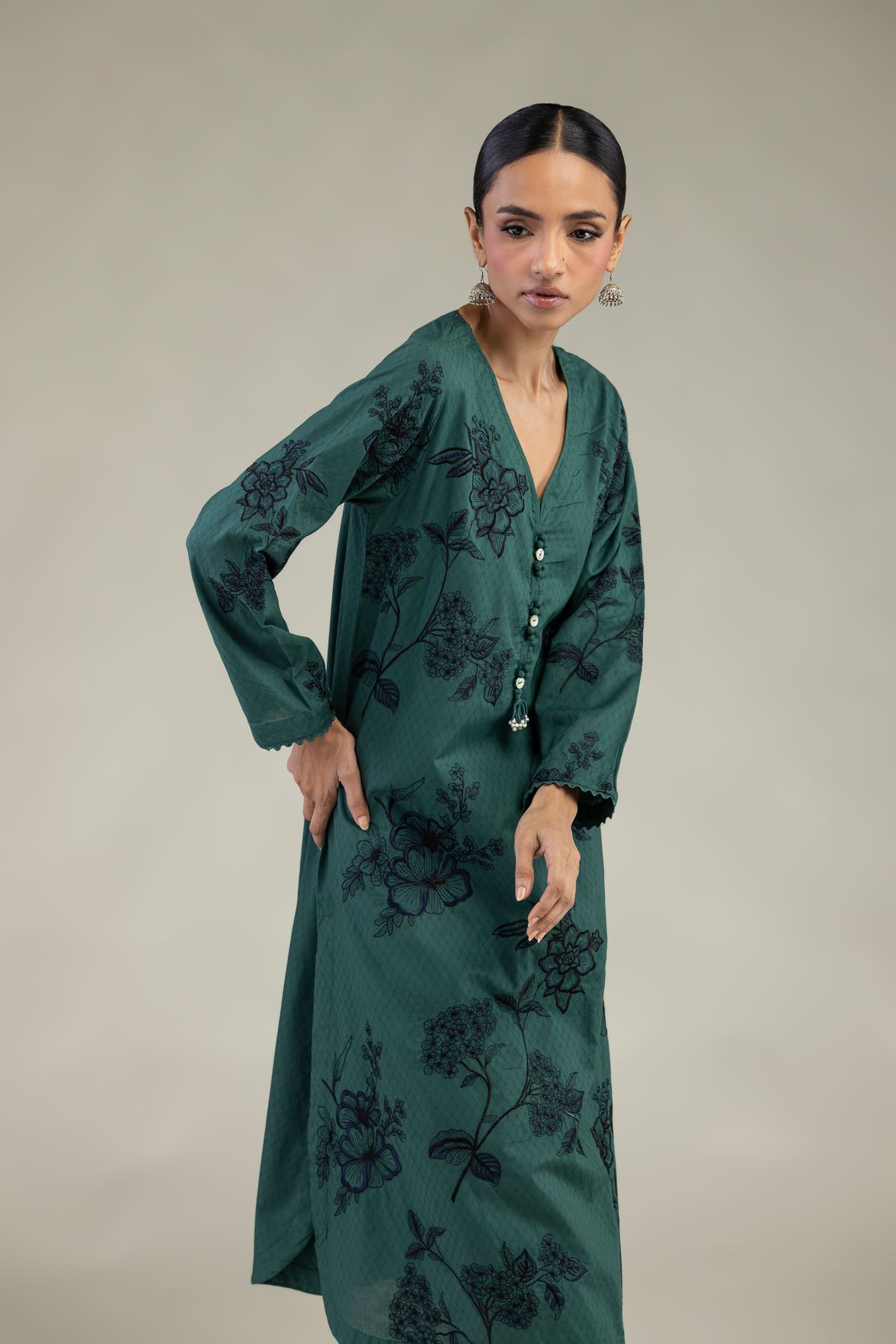 Embroidered Cotton Dobby Green Longline Kurta - 1-26-226-A-B1-VG