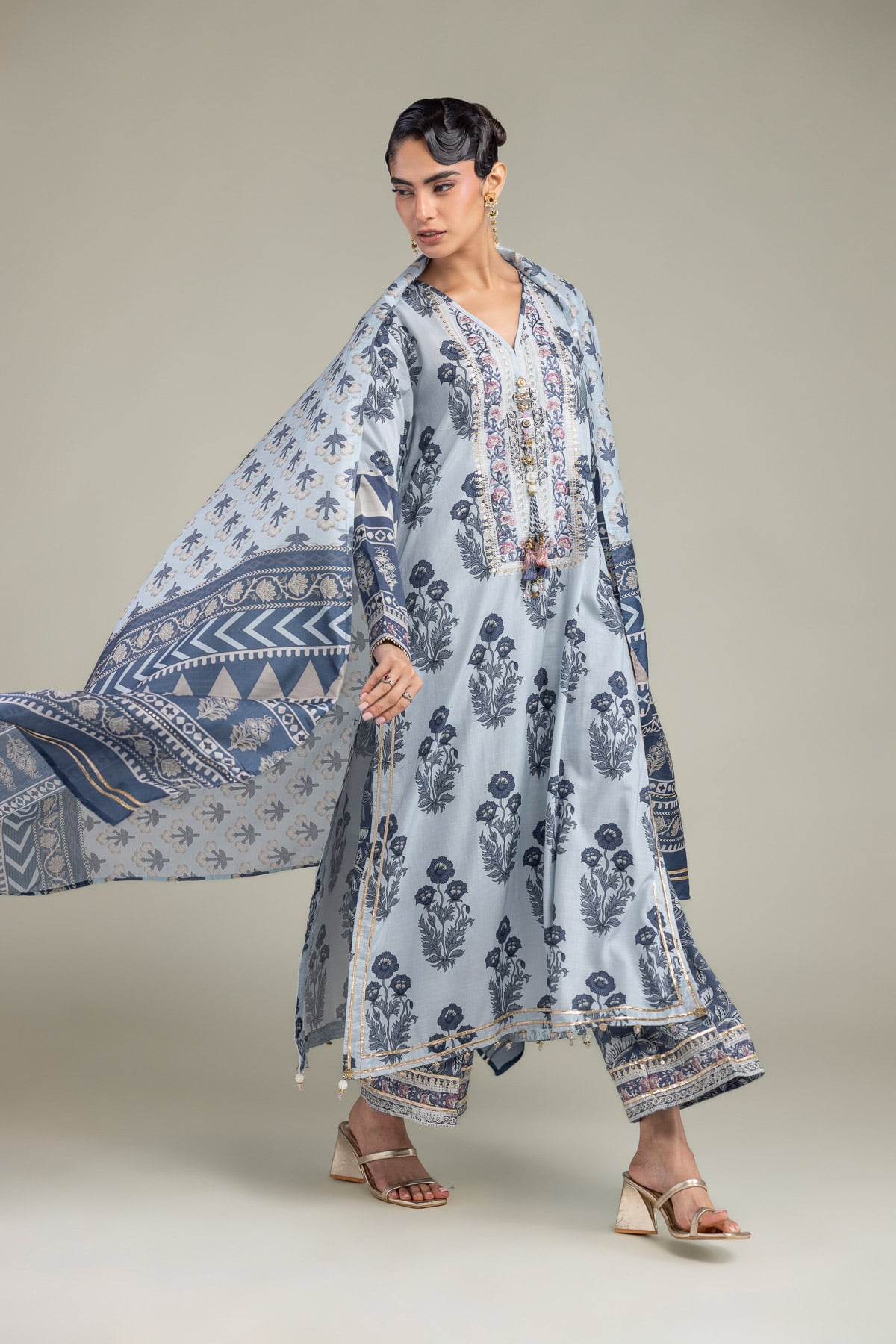 Embroidered Polyester Silk Blue Silk Dupatta - 1-26-102-A-F-VG