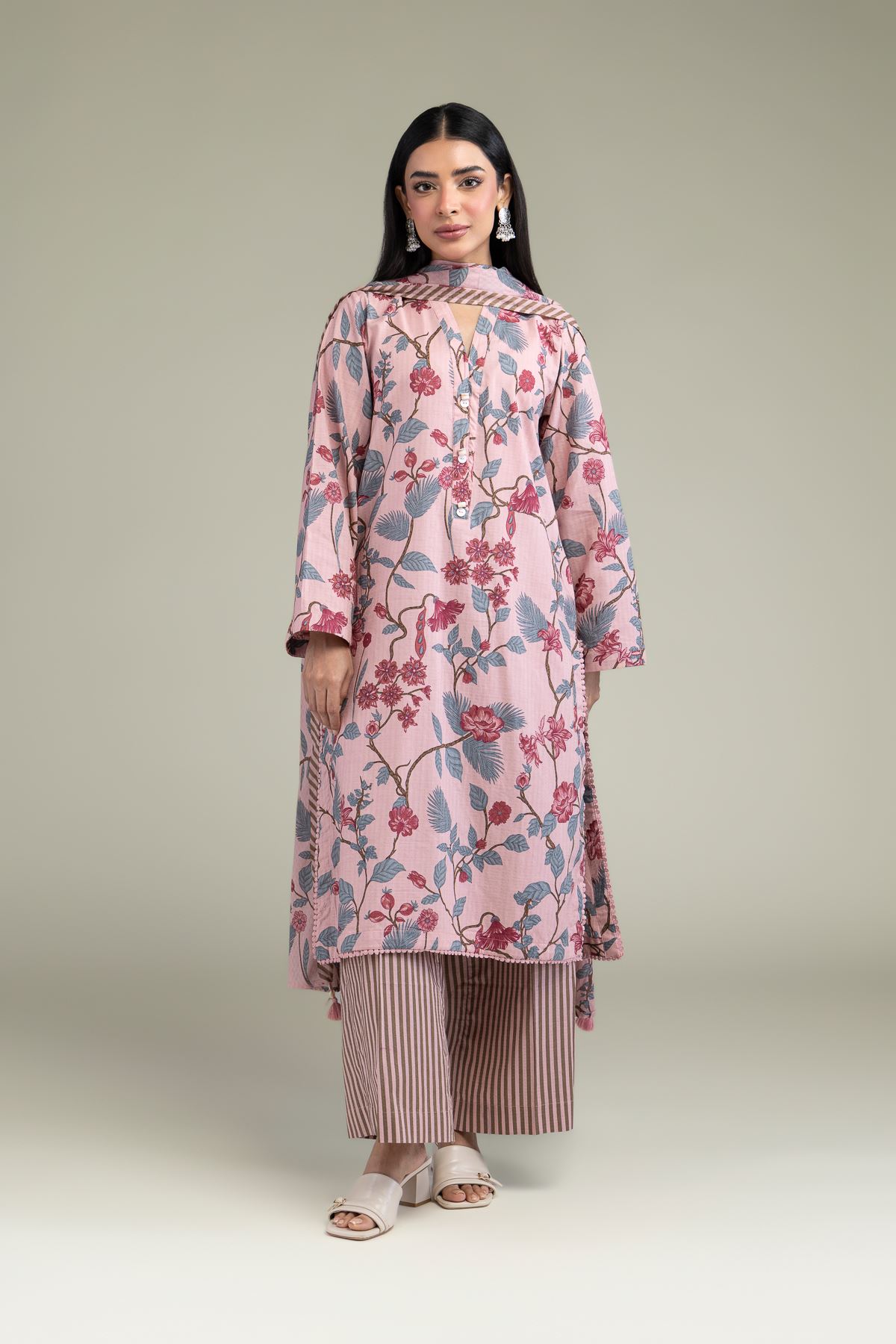 Printed Lawn Floral Pink Dupatta - 25-10-11E8-08TA-VG