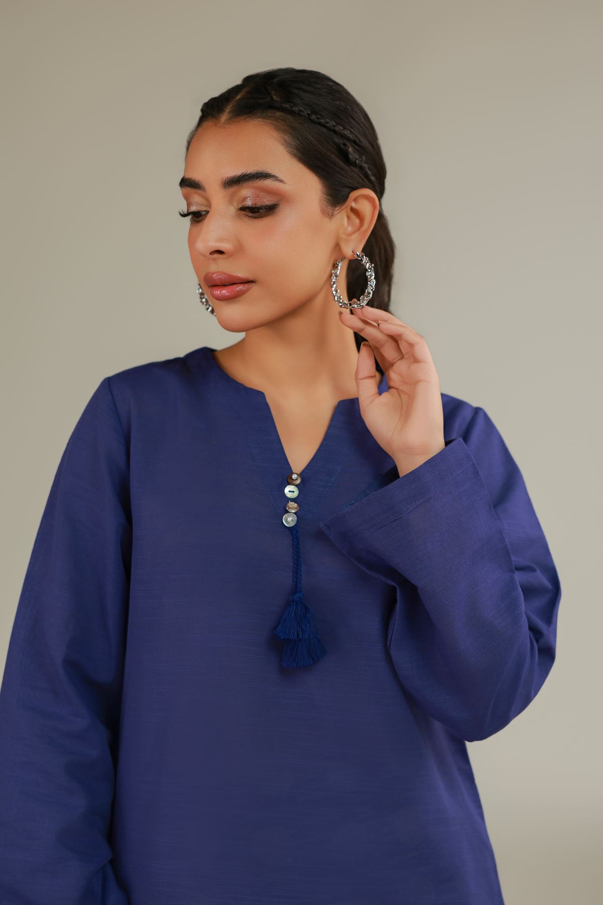 Printed Textured Cotton V-Neck Tassel Kurta - 1-26-108-A-F-VG