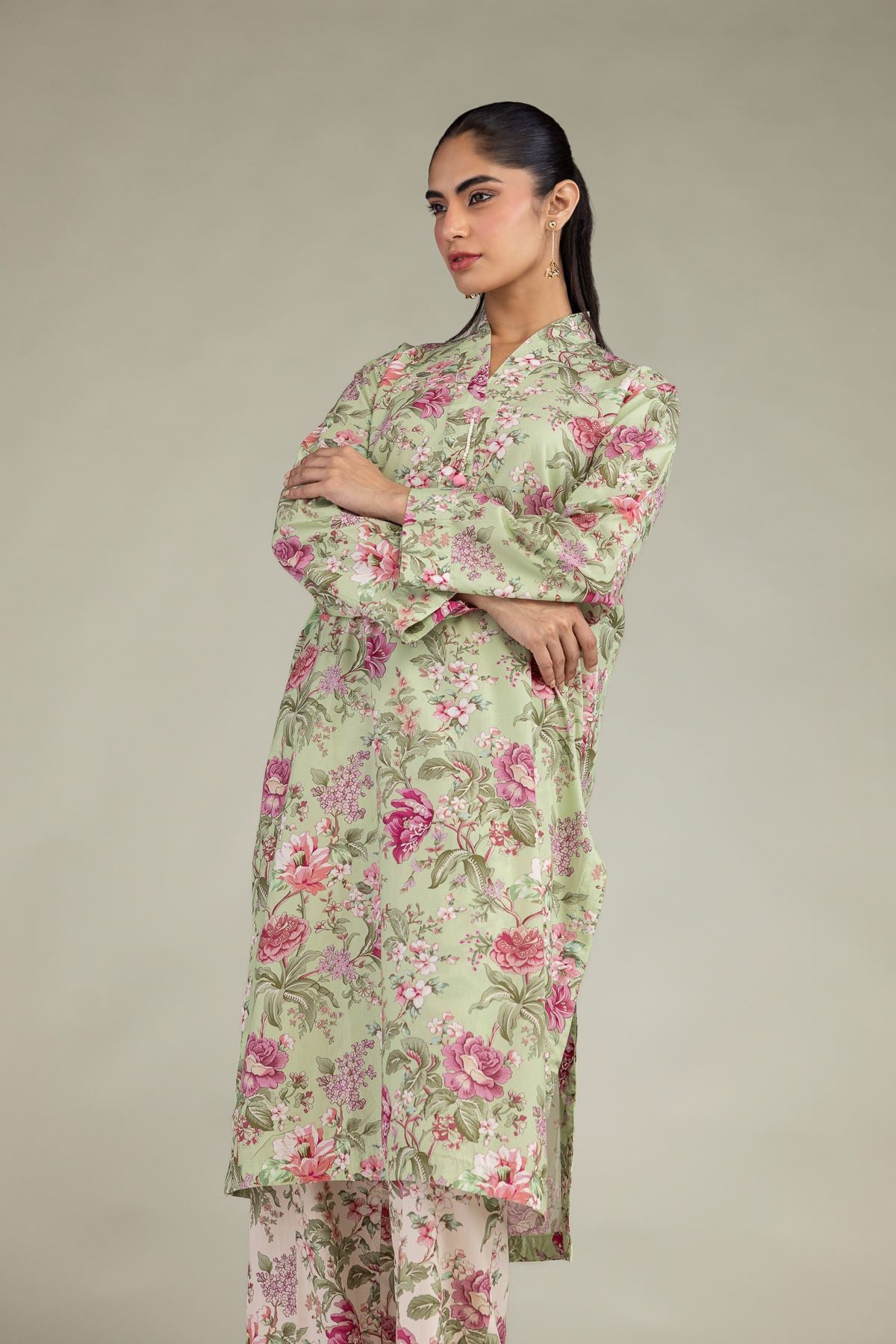 Printed Cotton Viscose Floral Longline Kurta - 1-26-244-A-D1-VG