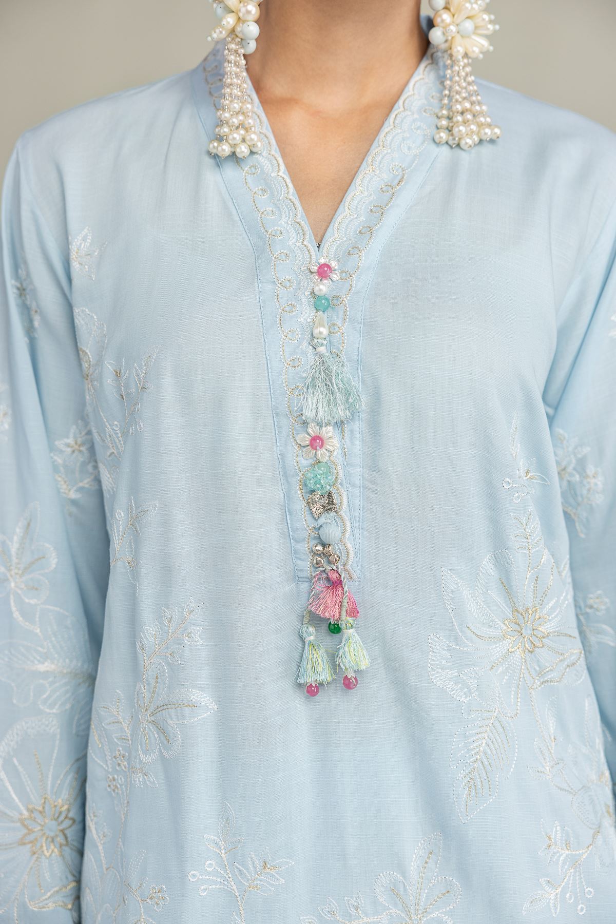 Embroidered Raw Silk Blue Floral Kurta - 1-26-322-B-A1-VG