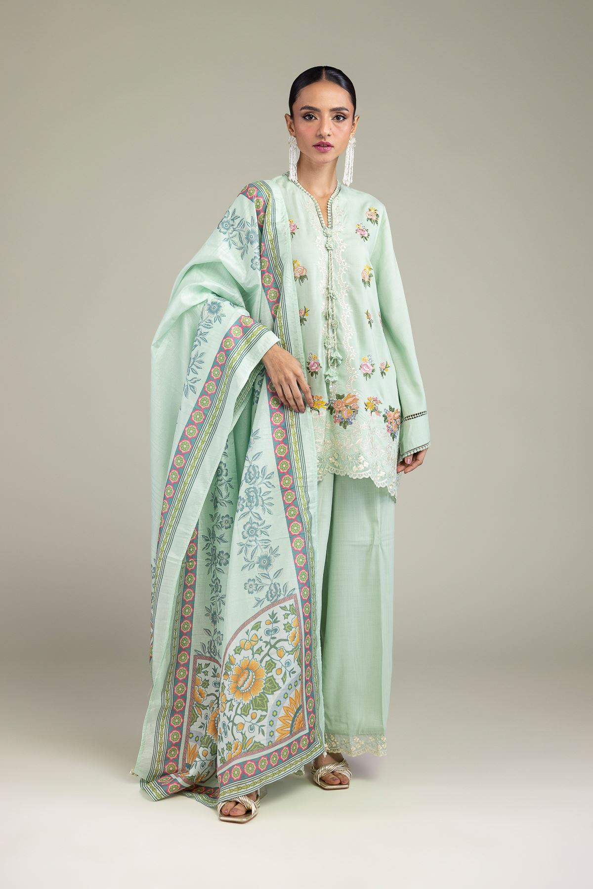 Embroidered Polyester Silk Mint Floral Dupatta - 2-26-209-A-D1-VG
