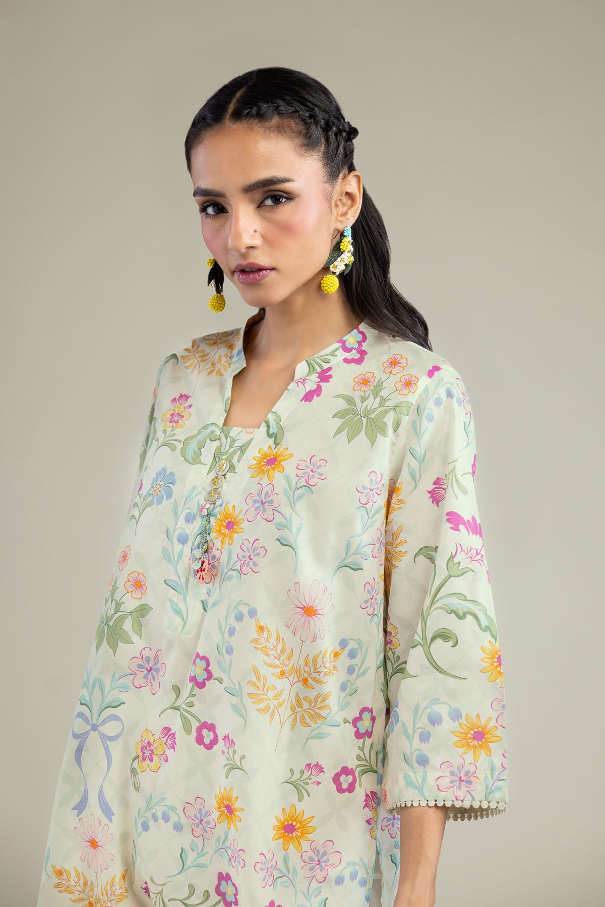 Printed Cambric Floral Buttoned Kurta - 25-10-12E7-09TB-VG