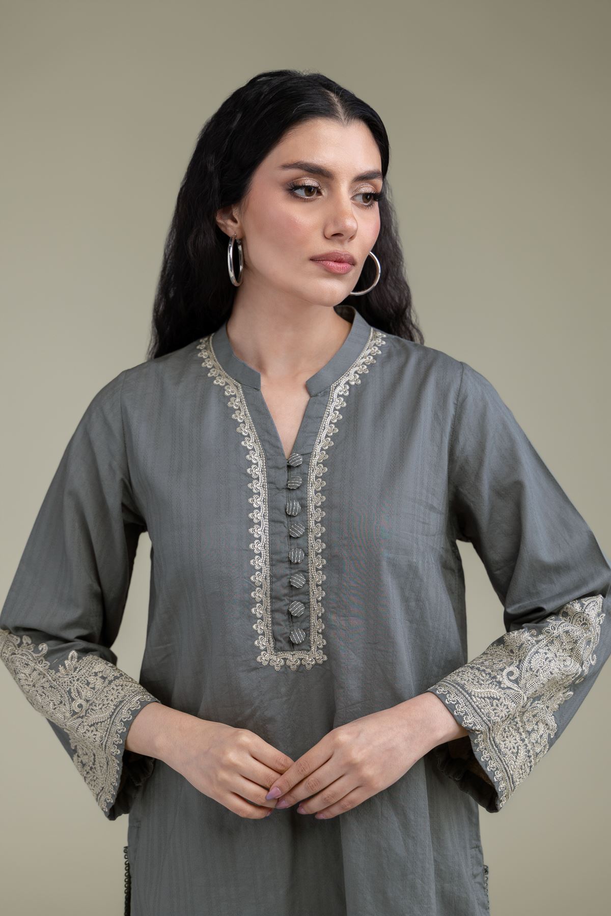 Embroidered Cotton Dobby Gray Cotton Kurta - 1-26-209-A-F1-VG