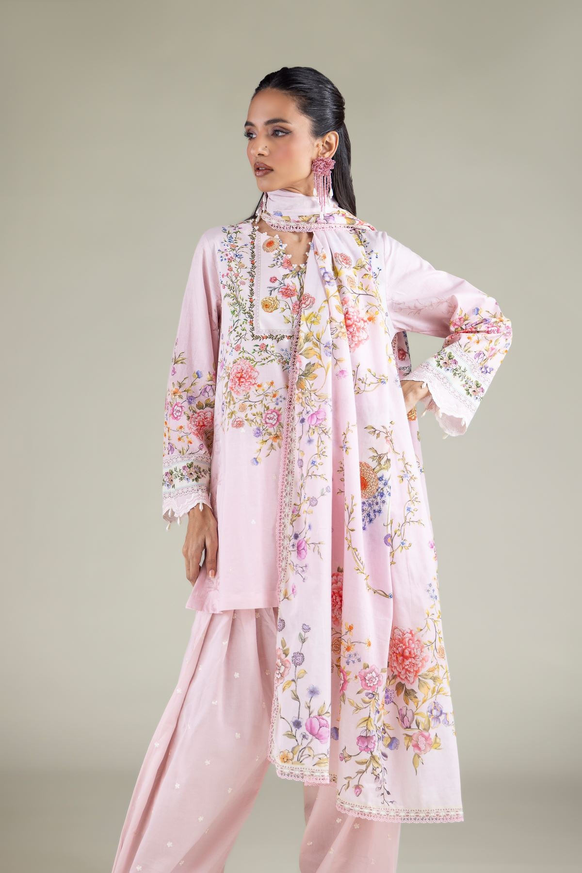 Embroidered Lawn Floral Lace Dupatta - 1-26-111-A-F-VG