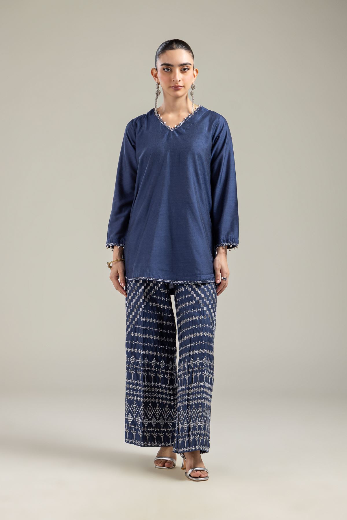 Raw Silk Navy V-Neck Kurta - 6-26-206-A-J2-VG