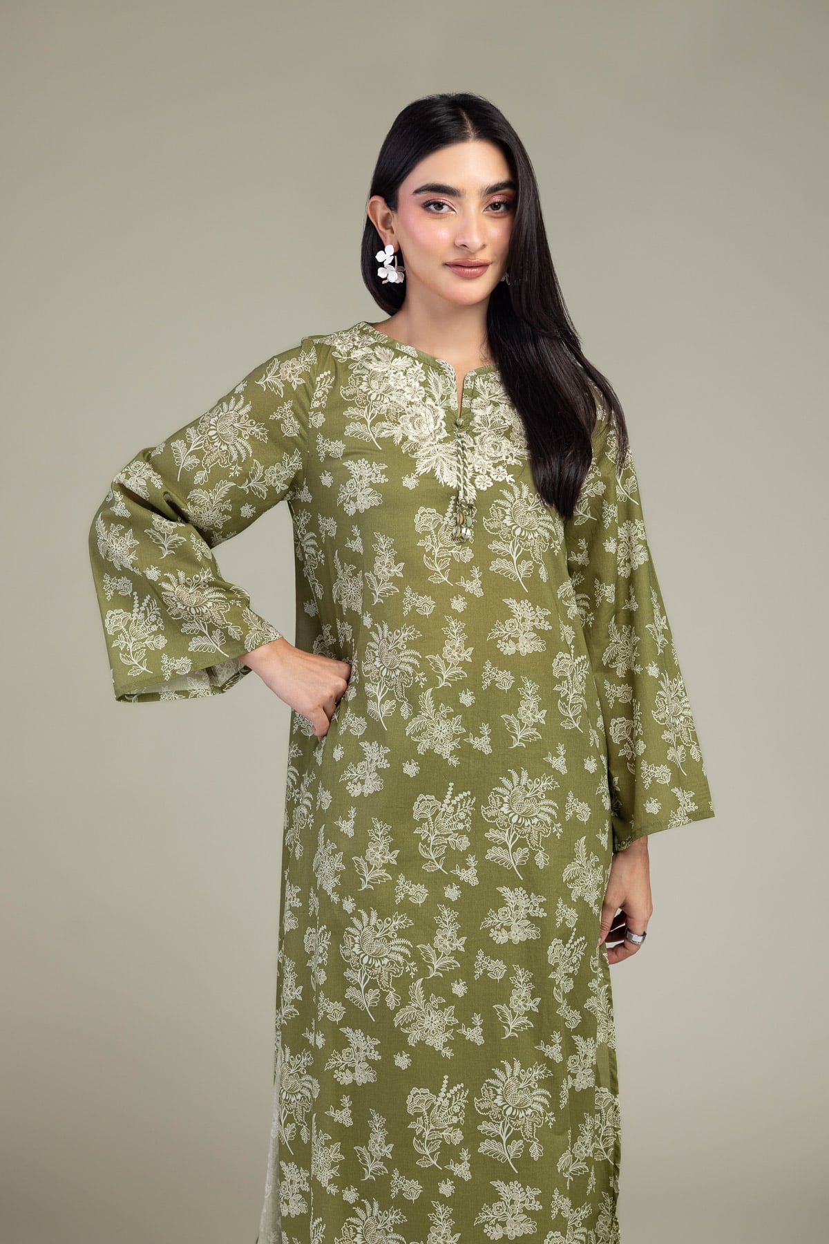 Embroidered Cambric Olive Longline Kurta - 1-26-102-A-F-VG