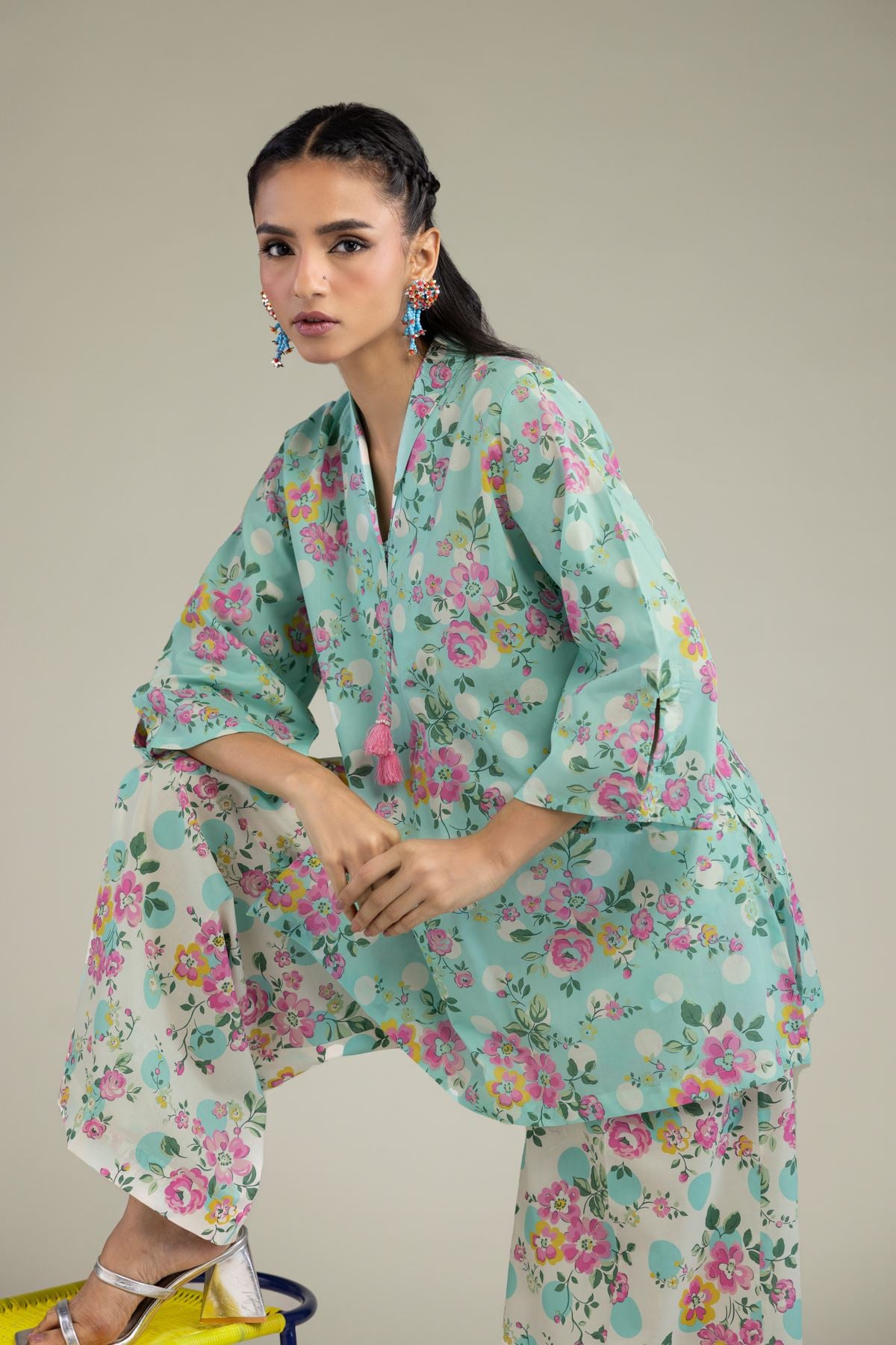 Printed Cambric Floral Mint Kurta - 25-10-12E7-10TB-VG