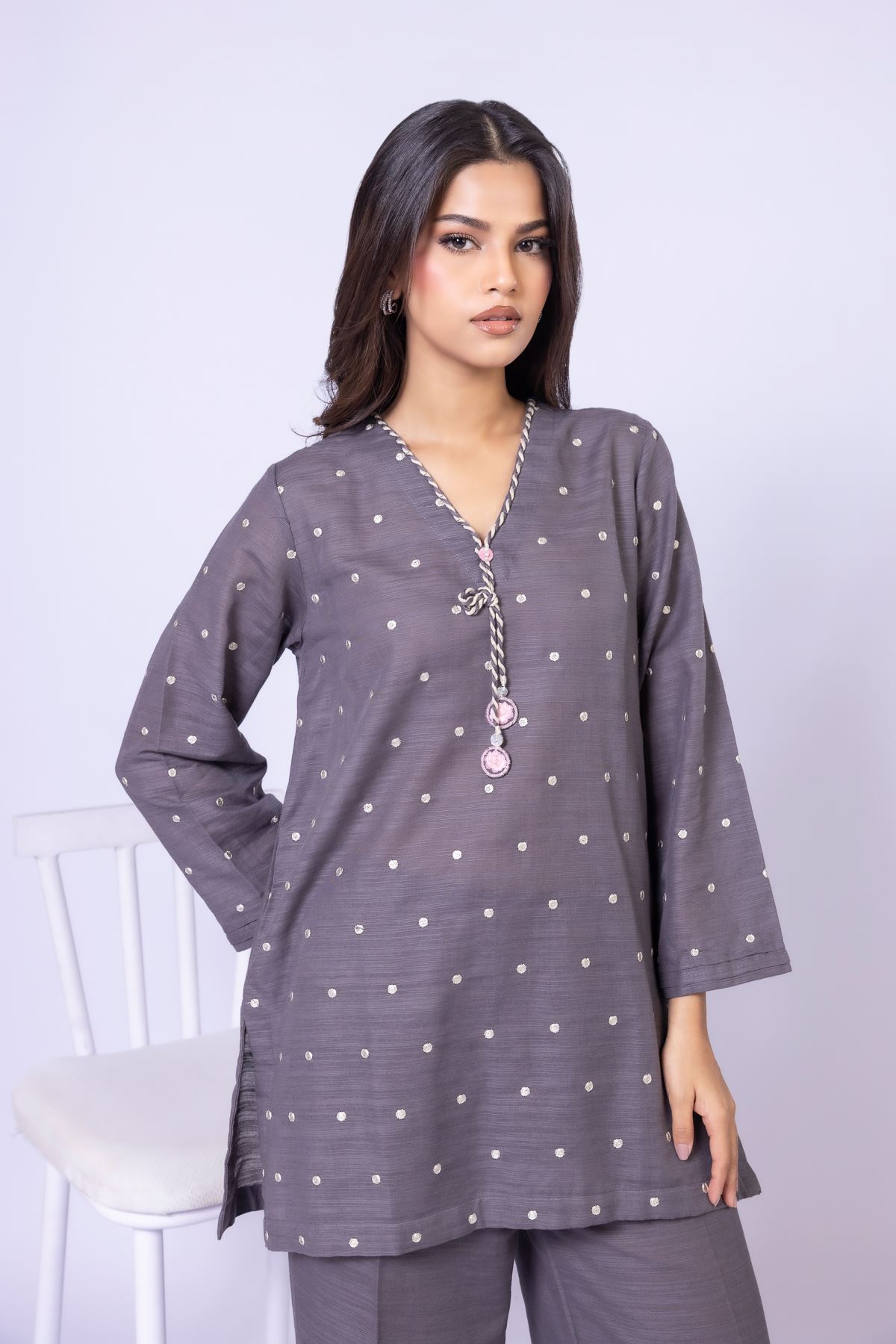 Embroidered Textured Cotton Kurta - 25-09-10E4-10TB-VG