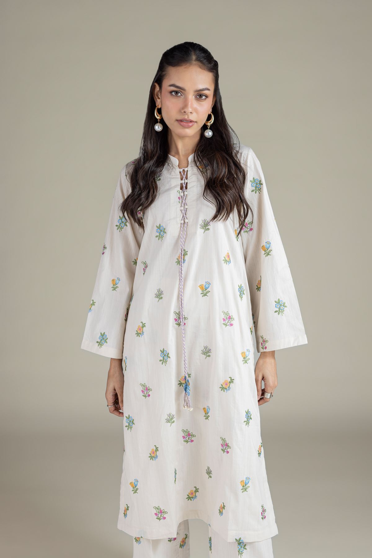 Embroidered Textured Cambric Floral Threadwork Kurta - 1-26-108-A-F-VG