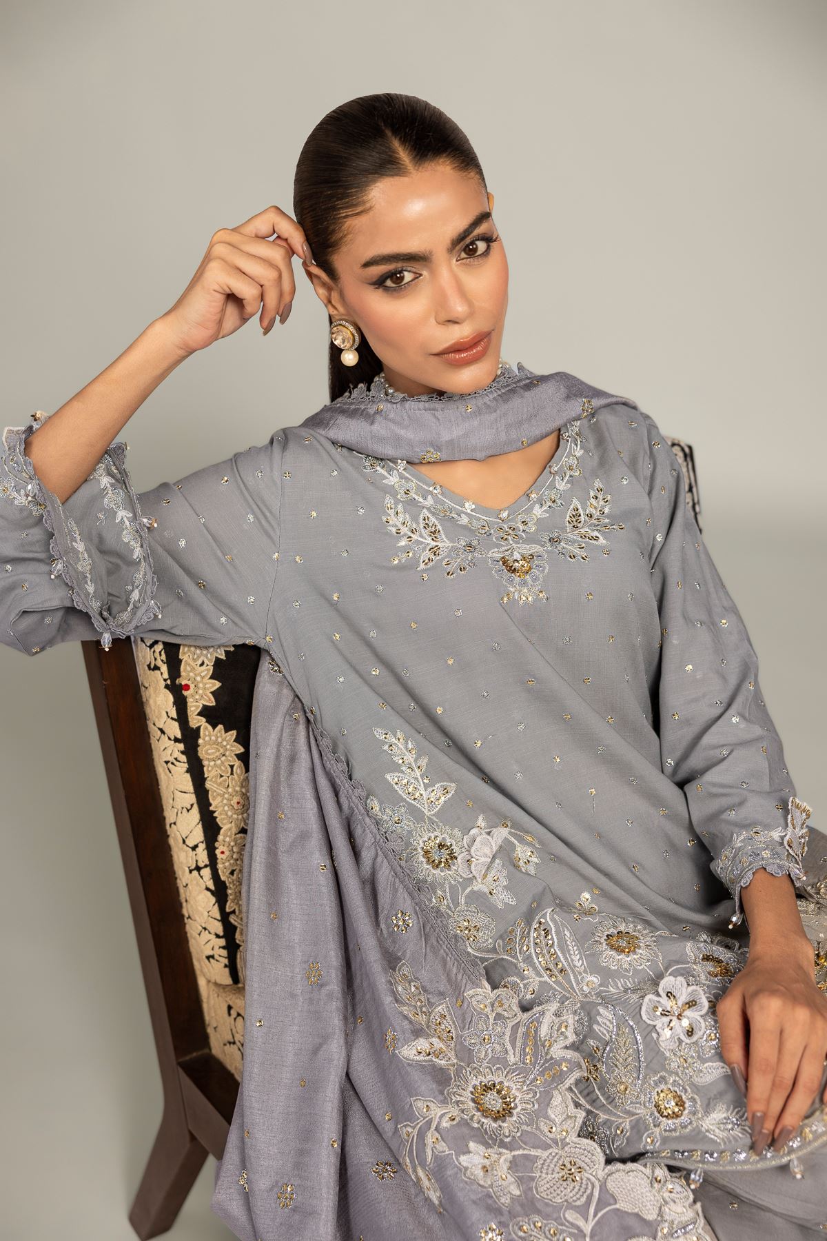 Embroidered Raw Silk 3-Piece Co-ord Set - 8-26-303-A-B1-VG
