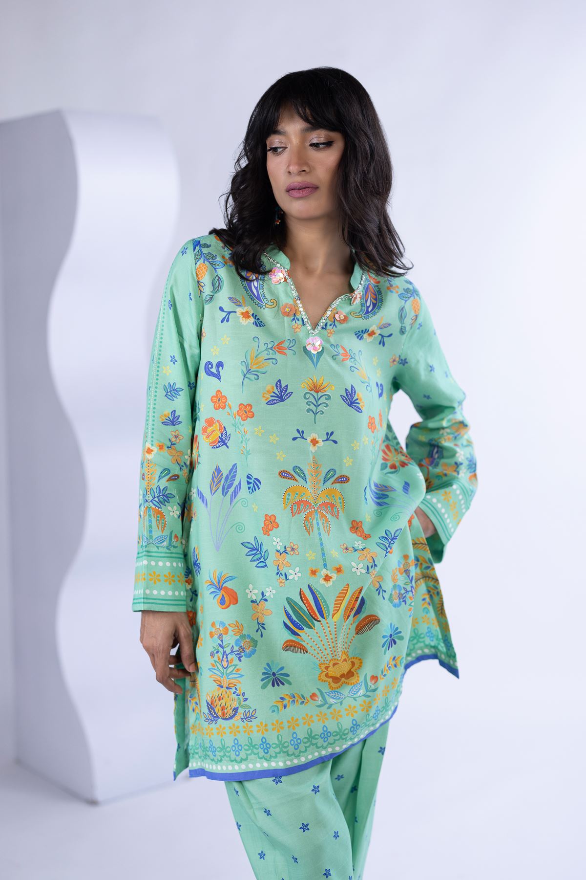 Printed Thai Silk Kurta - 25-09-11W3-02SA-VG