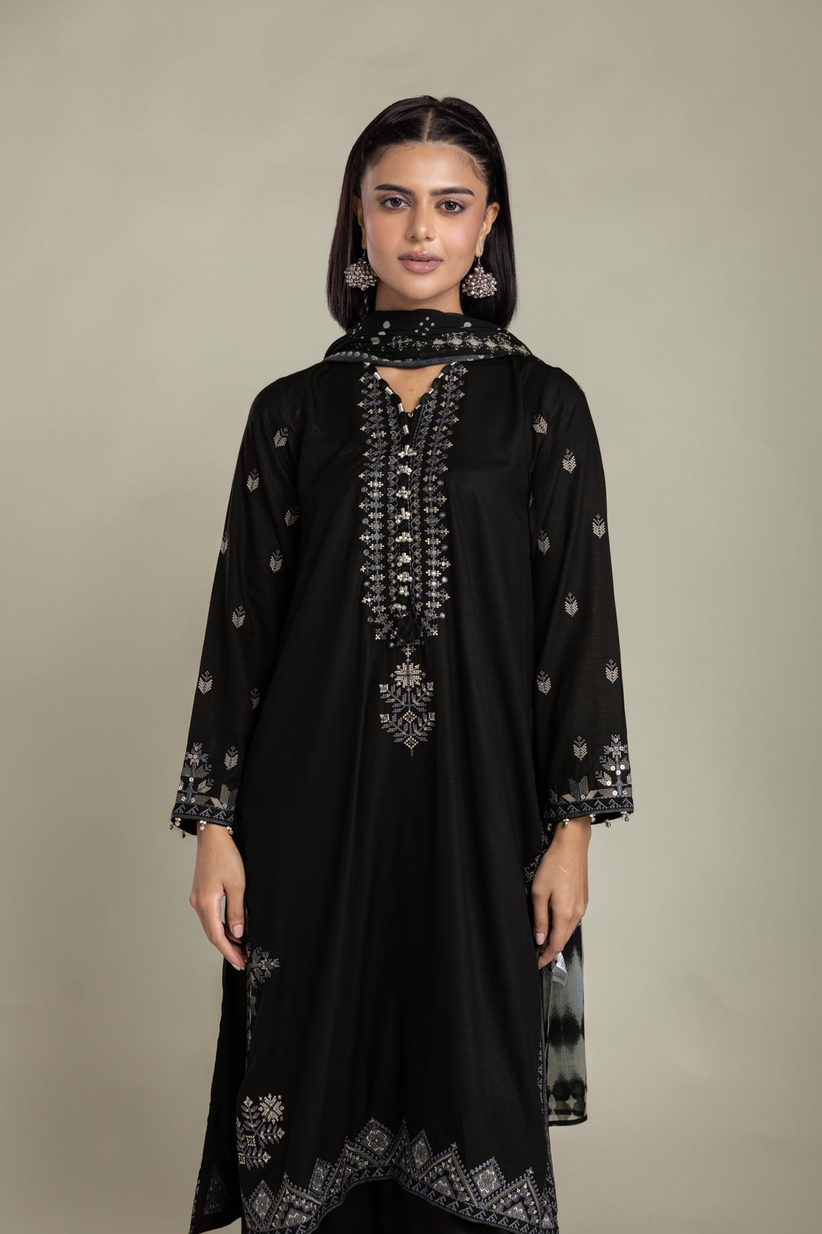 Embroidered Raw Silk Black Tailored 3-Piece - 1-26-408-A-B1-VG