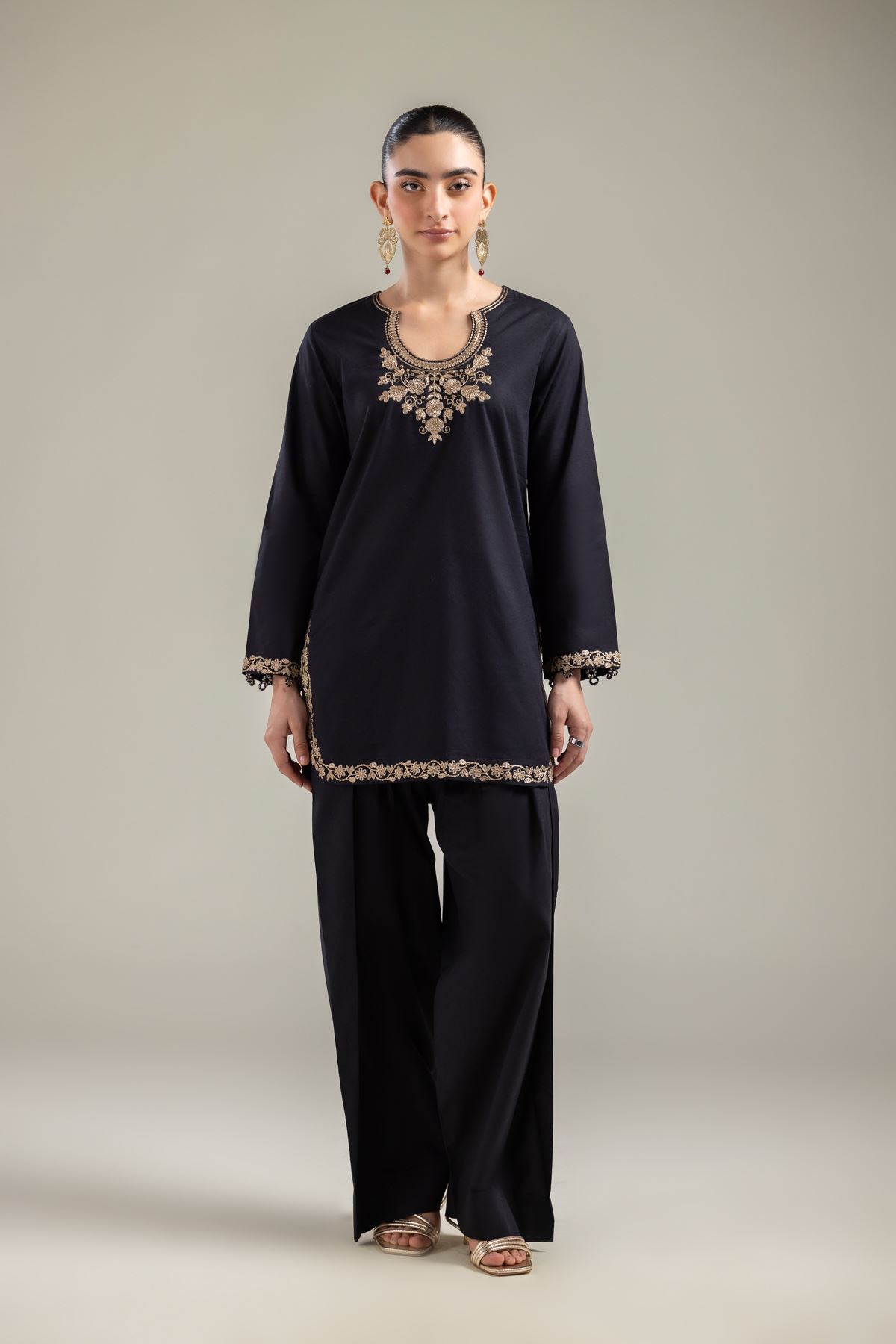 Embroidered Cotton Dobby Black Cotton Kurta - T-A22-26-122FI1-VG