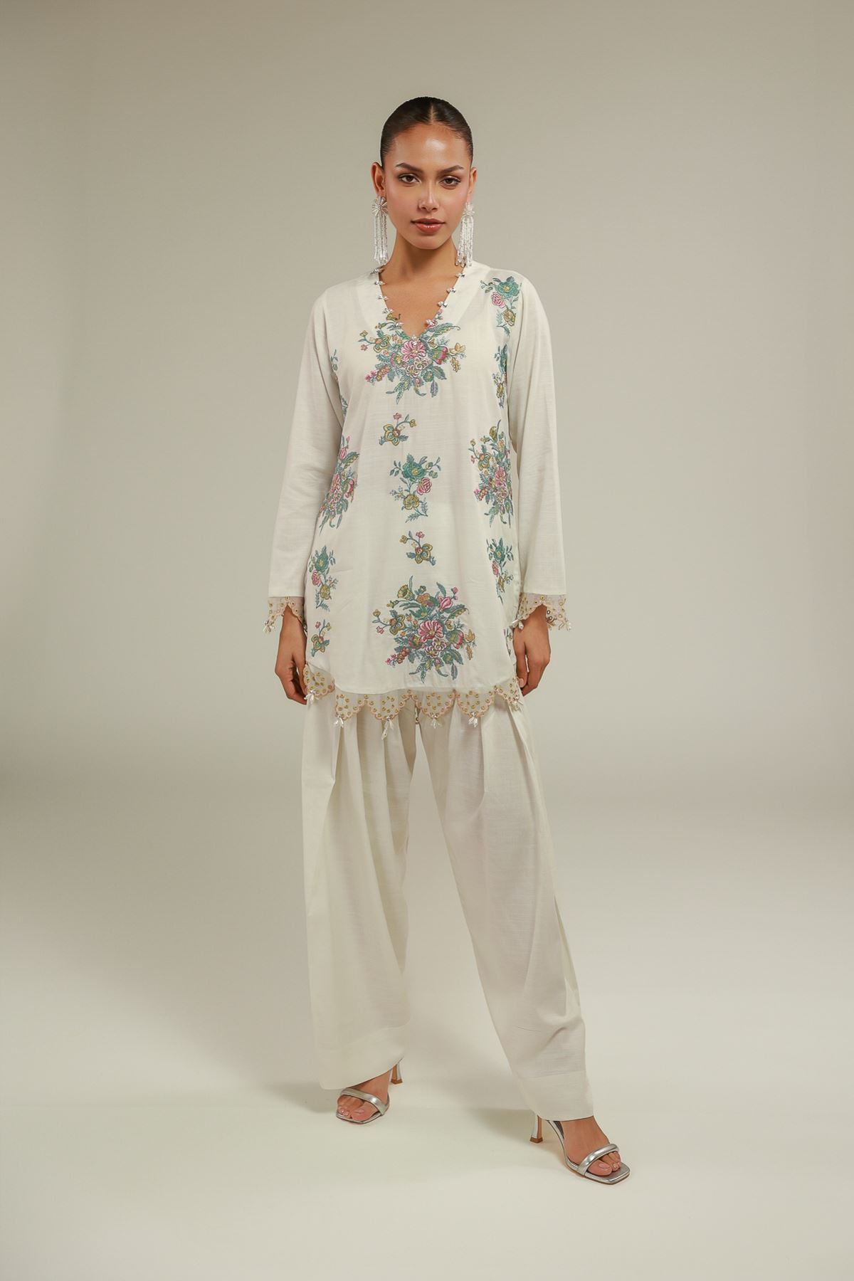 Embroidered Raw Silk Floral V-Neck Kurta - 1-26-146-A-D-VG