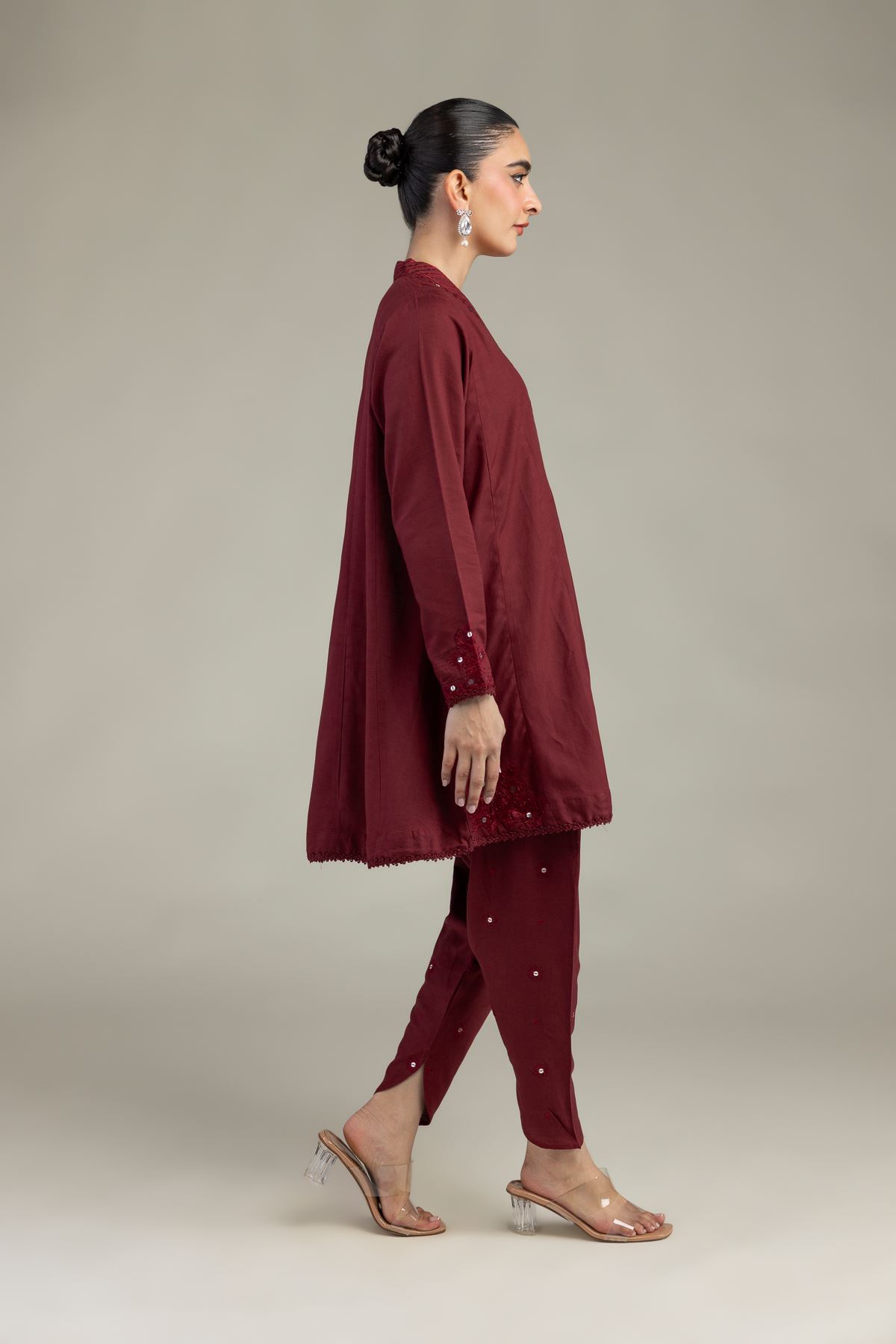 Embroidered Raw Silk Maroon V-Neck Kurta - 1-26-225-A-C1-VG