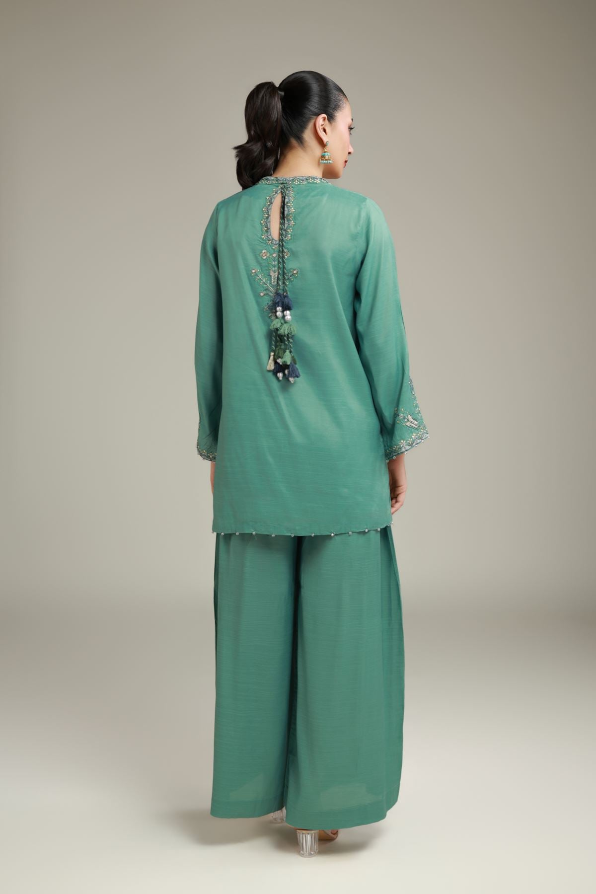 Embroidered Raw Silk Floral Drawstring Kurta - 25-09-10E2-09TB-VG