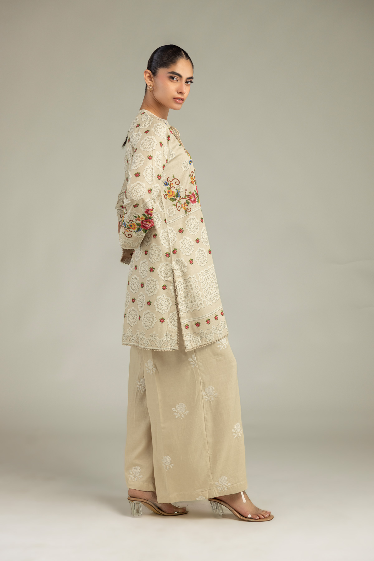 Embroidered Raw Silk Beige Floral Pants - 1-26-102-A-F-VG