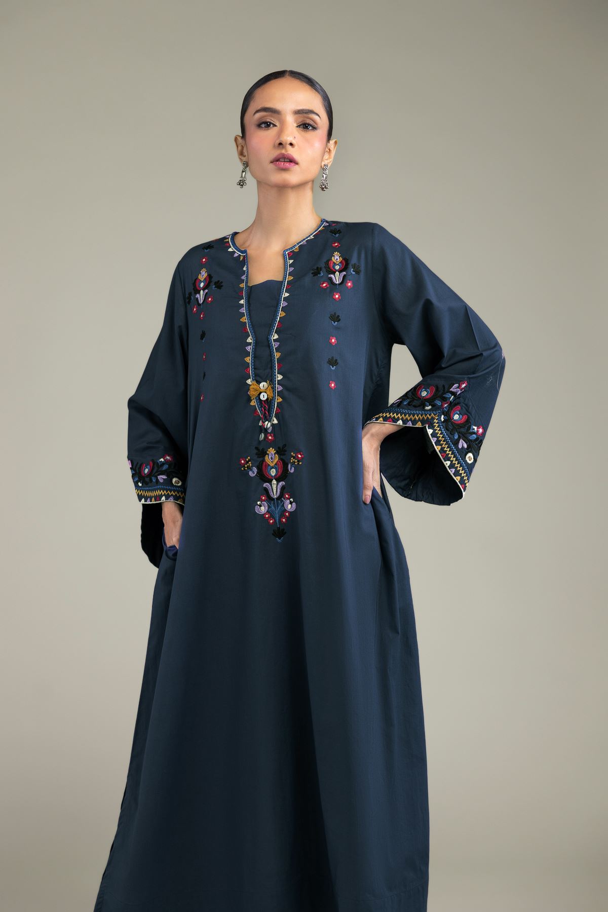 Embroidered Cambric Navy Cambric Kurta - 1-26-210-B-J1-VG