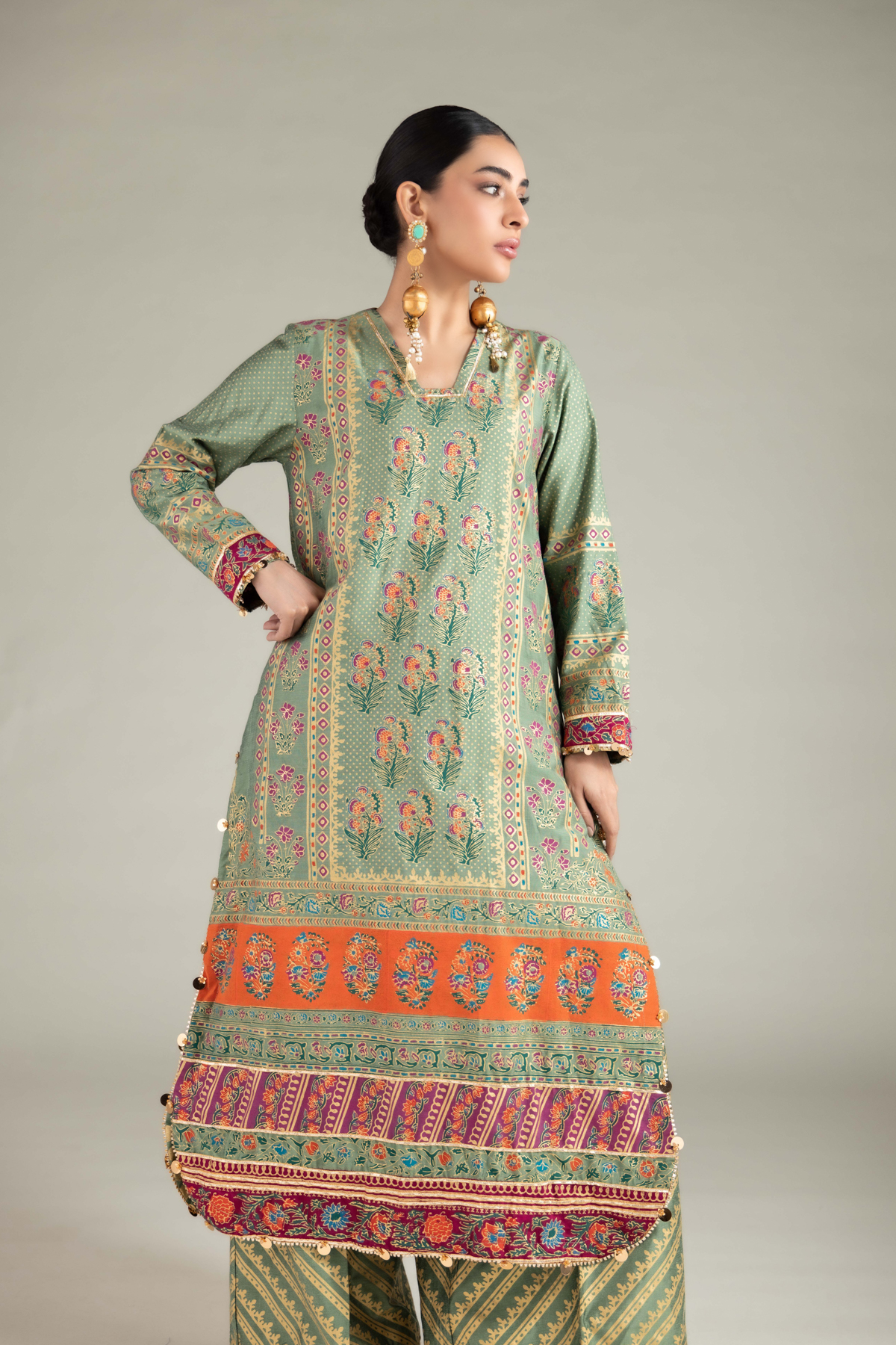 Printed Raw Silk 3 Piece Co-ord Set - 25-09-10E2-07TB-VG
